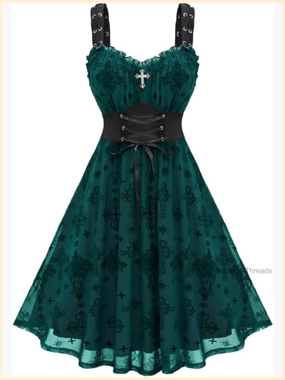 Gothic Cross Mesh Overlay Lace Panel Ruffles Midi Dress Plus Size